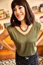 Women's Khaki Front Back V Knitted Viscon Blouse BLZ-19001839 - 3