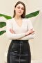 Women's Beige Hair Knit Pattern Stretchy Soft V-neck Knitwear Sweater - 4