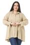 Large Size Bag Pocket, Pleated Front and Back, Wide Cuffs, Long Stone Colored Muslin Shirt - 2
