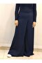 Elastic Waist Wide Leg Navy Blue Knitted Trouser Skirt - 3