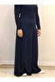 Elastic Waist Wide Leg Navy Blue Knitted Trouser Skirt - 4
