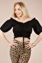 Women's Black Floral Patterned Knitted Blouse with Gathered Front and Frilly Collar - 2