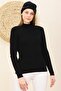 Women's Black Turtleneck Corded Hair Knitted Patterned Knitwear Sweater