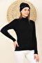 Women's Black Turtleneck Corded Hair Knitted Patterned Knitwear Sweater - 2