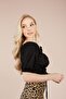 Women's Black Floral Patterned Knitted Blouse with Gathered Front and Frilly Collar - 3