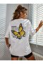 Yellow Butterfly Printed Oversize Women's White T-shirt - 2