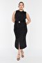 Siyah Bodycone/Vücuda Oturan Kemerli Drape ve Yırtmaçlı Örme Elbise TBBSS22AH00008 - 2
