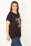 Women's Large Size Black Print Detailed Low Sleeve Blouse 65n22675 - 2