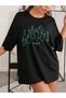Women's Black Green Angel Printed Oversize T-shirt