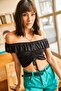 Women's Black Boat Neck Front Gathered Crop Knitted Blouse BLZ-19001884 - 2