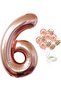 Large Number Balloon Rose Gold Age 6 + Transparent Balloon with Confetti Sequin and Metallic Rose Gold Balloon