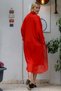 Women's Red Italian Silk Collar Skirt Detail Pocket Sleeve Adjustment Button Long Jacket M10210100CE98658 - 7