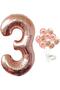 Large Number Balloon Rose Gold Age 3 + Transparent Balloon with Confetti Sequin and Metallic Rose Gold Balloon