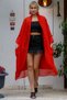 Women's Red Italian Silk Collar Skirt Detail Pocket Sleeve Adjustment Button Long Jacket M10210100CE98658 - 3