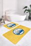 طقم سجادة مطبخ مكون من قطعتين باللون الأزرق منقط باللون الأصفر ومجموعة سجادة للحمام - 2