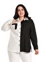 Large Size Asymmetrical Black and White Shirt with Folded Sleeves and Pocket Detail - 6
