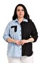 Large Size Asymmetrical Black Blue Shirt with Folded Sleeves and Pocket Detail - 2