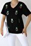 Women's Black V-Neck Pineapple Sequin Sequin Stitching Embroidered T-Shirt
