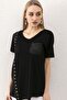 Women's Black Eyelet Vertical Stripe Front Skirt Asymmetrical Blouse - 4
