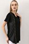 Women's Black Eyelet Vertical Stripe Front Skirt Asymmetrical Blouse - 3