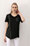 Women's Black Eyelet Vertical Stripe Front Skirt Asymmetrical Blouse