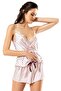 Women's Pink Striped Satin Babydoll Shorts Set - 2