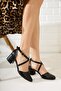 Women's Black Skin Cross Model Heeled Classic Shoes - 2
