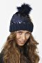 Women's Fur Pompom Knitwear Knitted Beret with Sequin Accessories - Navy Blue - 2