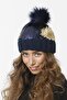 Women's Fur Pompom Knitwear Knitted Beret with Sequin Accessories - Navy Blue - 3