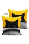 Modern Suede Pillow Cushion Cover with Yellow Background Striped Motif Black Cat Design - 2