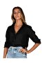 Black Turn Collar Linen Women's Shirt - 6