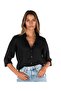 Black Turn Collar Linen Women's Shirt - 4