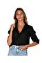 Black Turn Collar Linen Women's Shirt - 7
