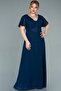 Navy Blue Chiffon Plus Size Evening Dress - Short Sleeve, Long, Abu2308