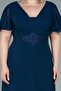 Navy Blue Chiffon Plus Size Evening Dress - Short Sleeve, Long, Abu2308 - 3