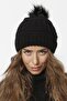 Fur Pompom Lined Knitted Beanie - Black