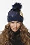 Women's Fur Pompom Knitwear Knitted Beret with Sequin Accessories - Navy Blue
