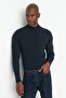 Navy Blue Fitted Slim Fit Cotton Half Turtleneck Ribbed Knitwear Sweater Tmnaw21Kz0568 - 5