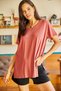 Women's Dusty Rose V-Neck Loose Loose T-Shirt with Side Slits - 3