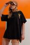 Women's Black Crew Neck Giraffe Embroidered Double Sleeve Laser Cut Oversize T-Shirt ALC-X8475