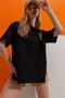 Women's Black Crew Neck Giraffe Embroidered Double Sleeve Laser Cut Oversize T-Shirt ALC-X8475 - 3