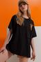 Women's Black Crew Neck Giraffe Embroidered Double Sleeve Laser Cut Oversize T-Shirt ALC-X8475 - 5