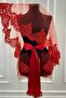 Red Lace, Shiny Stone and Pearl Decorated Bridal Veil Set - 2