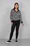Black Patterned V-Neck Blouse with Ribbed Back Detail - 2