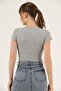 Women's Gray Corded Crew Neck Crop Blouse - 5