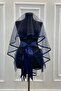 Navy Blue Piping Bridal Veil Set with Plenty of Pearls - 3