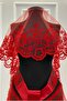 Red Flower Pattern Flock Printing Lurex Bridal Veil Sash Gloves Set - 2