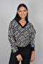 Black Patterned V-Neck Blouse with Ribbed Back Detail - 3