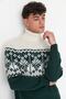 Emerald Green Slim Fit Wool Turtleneck Jacquard Panel Knitwear Sweater Tmnaw22Kz0296