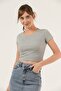 Women's Gray Corded Crew Neck Crop Blouse